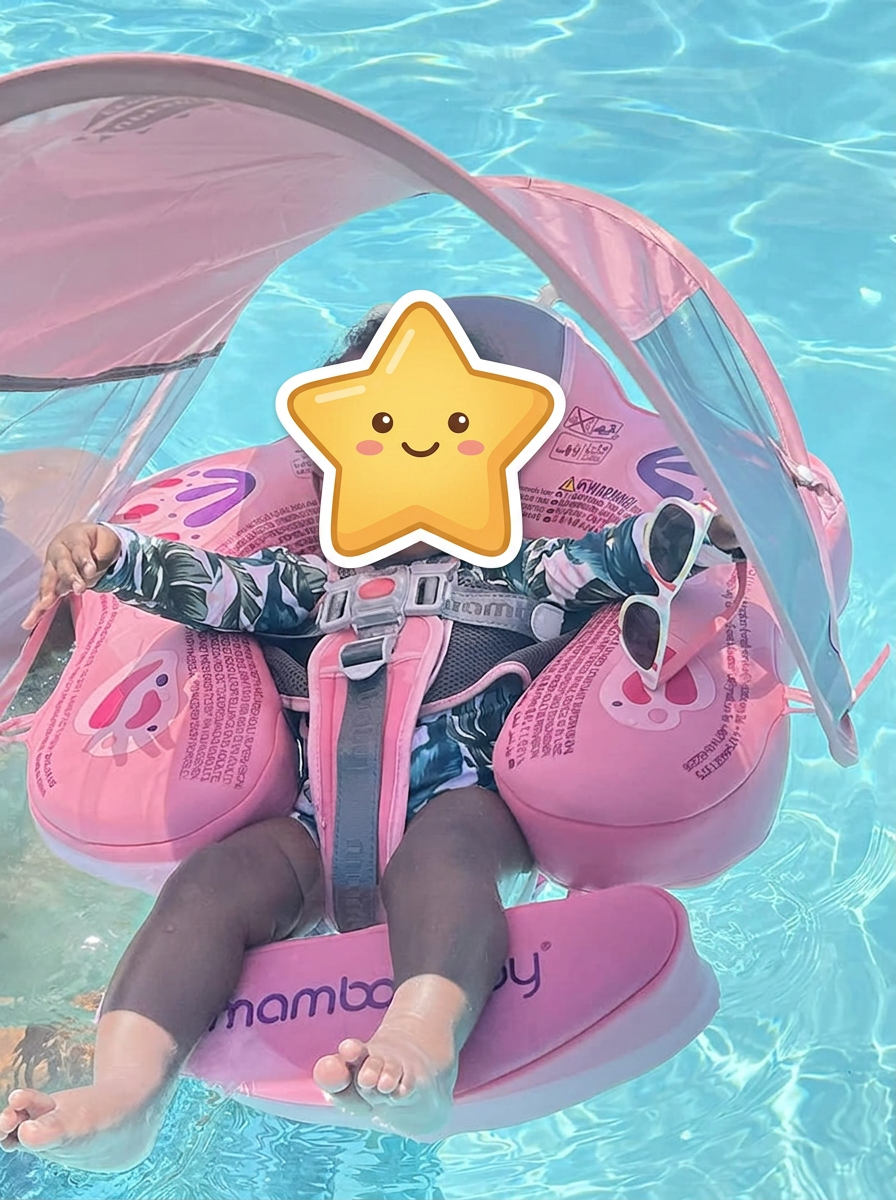 Baby relaxing in the pink FloatNest™ with the clip-on sun shade during an Australian summer pool day