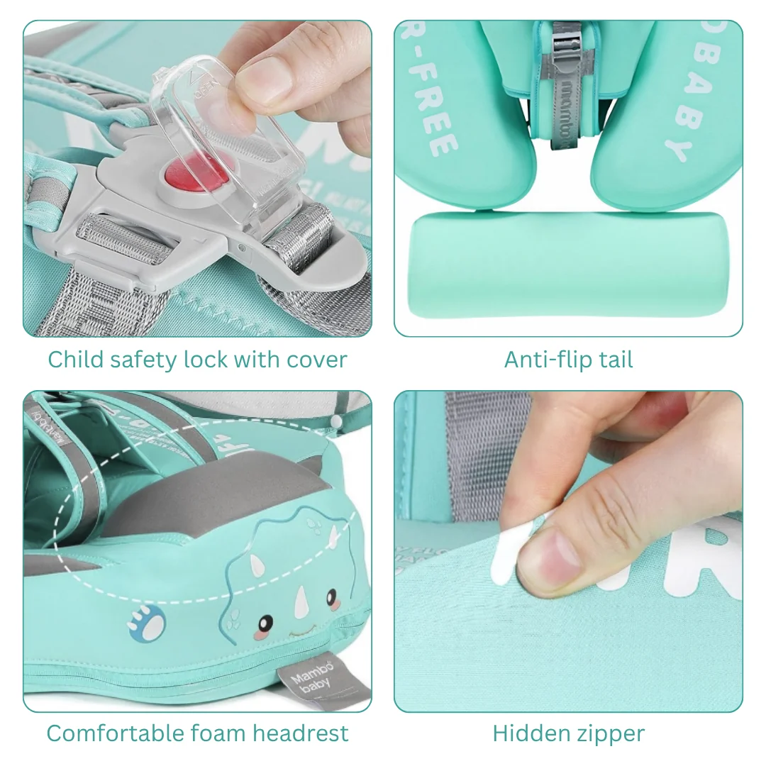 Close-up details of the FloatNest™ safety buckle, anti-flip tail, foam headrest and hidden zipper